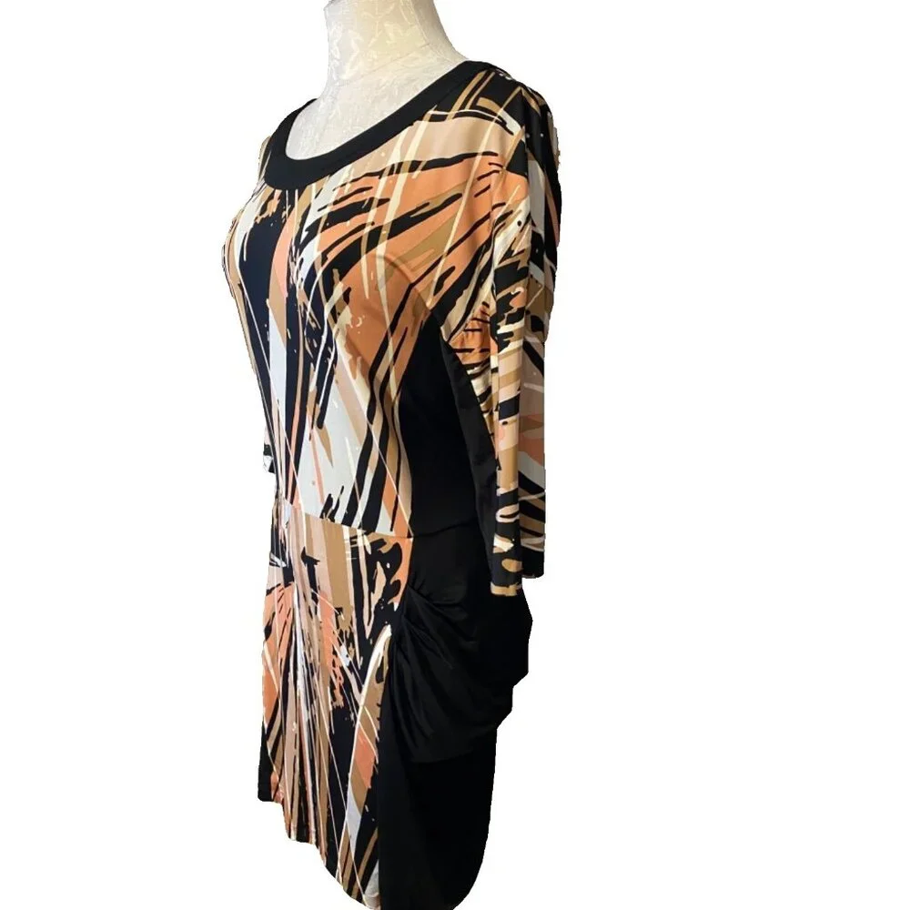 BCBGMaxAzria Dress Orange Black White L Large Stretch 3/4 Long Sleeve Washable